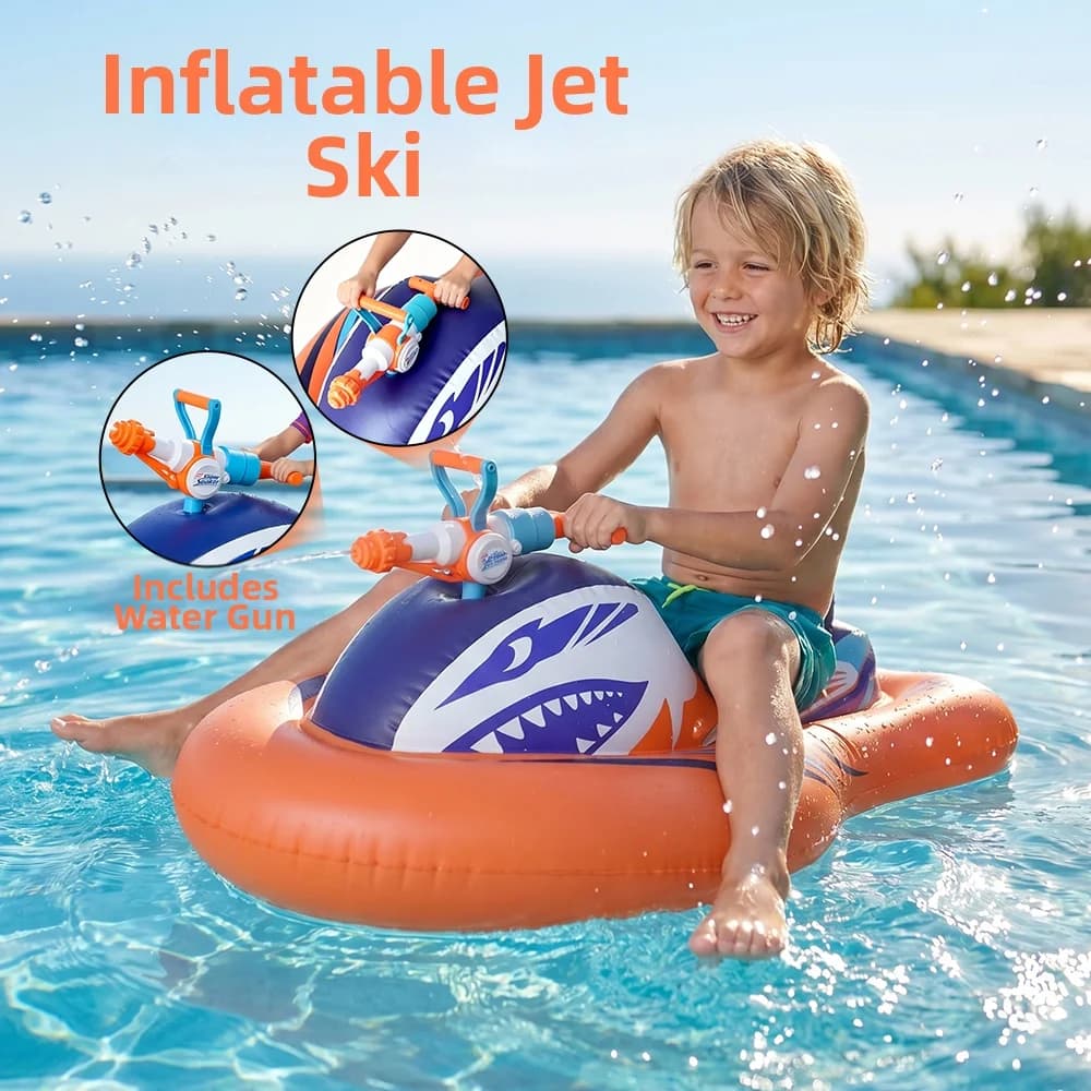 Inflatable Jet Ski with Water Gun Thickened PVC Water Floating Ride On Boat Portable Summer Water Play Toy for Kids Pool Lake