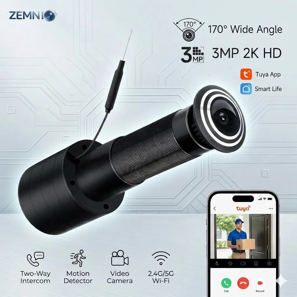 Tuya/SmartLife Video Door Viewer, 3MP 2K 170° WiFi Peephole Camera, Two-Way Intercom & Record, Include EU/US/UK/AU Plug