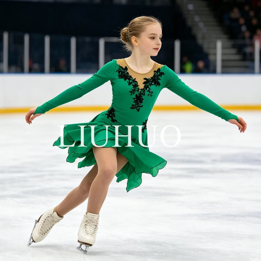 LIUHUO Abito da pattinaggio artistico su ghiaccio per ragazze, in rete verde, a maniche lunghe, per competizioni, allenamenti e spettacoli, per bambini e adulti BD3485