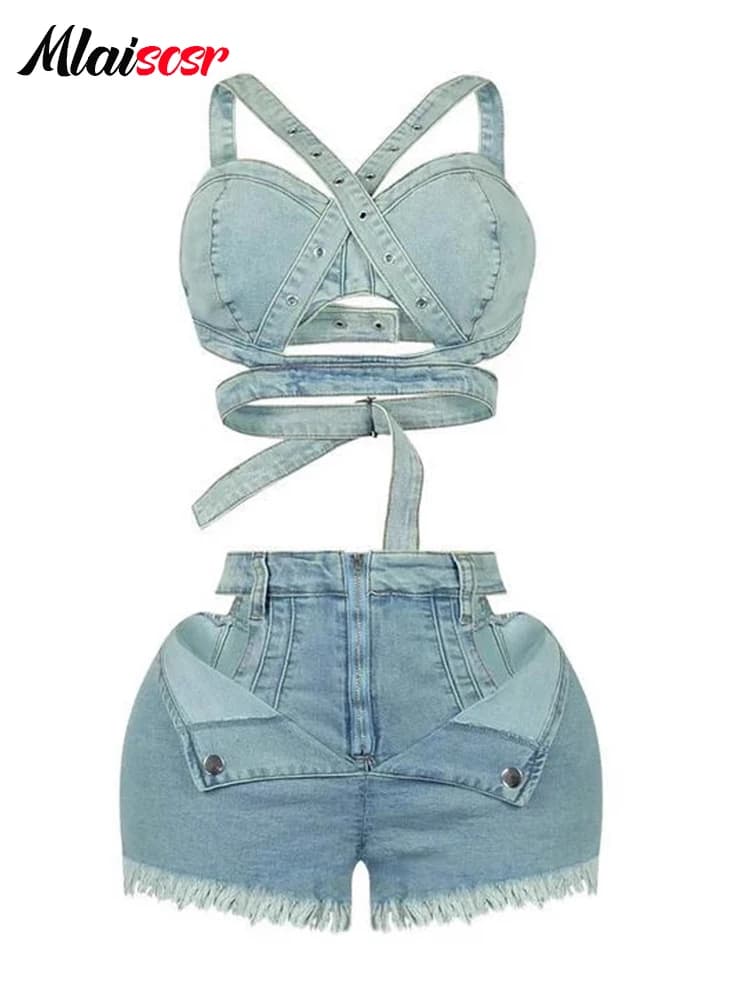 Mlaiscsr Denim Set da 2 pezzi Jeans da donna Abiti Sexy Scava fuori Fasciatura Canotta Crop Top e pantaloncini Beach Party Y2K Night CLubwear