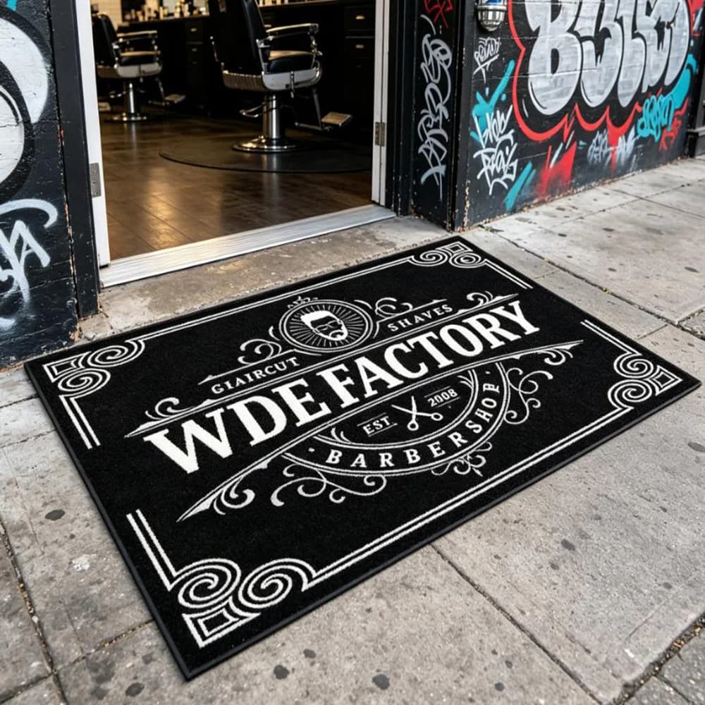 Barber welcome mat custom logo print non slip washable floor rug durable hair studio entrance mat for daily business use