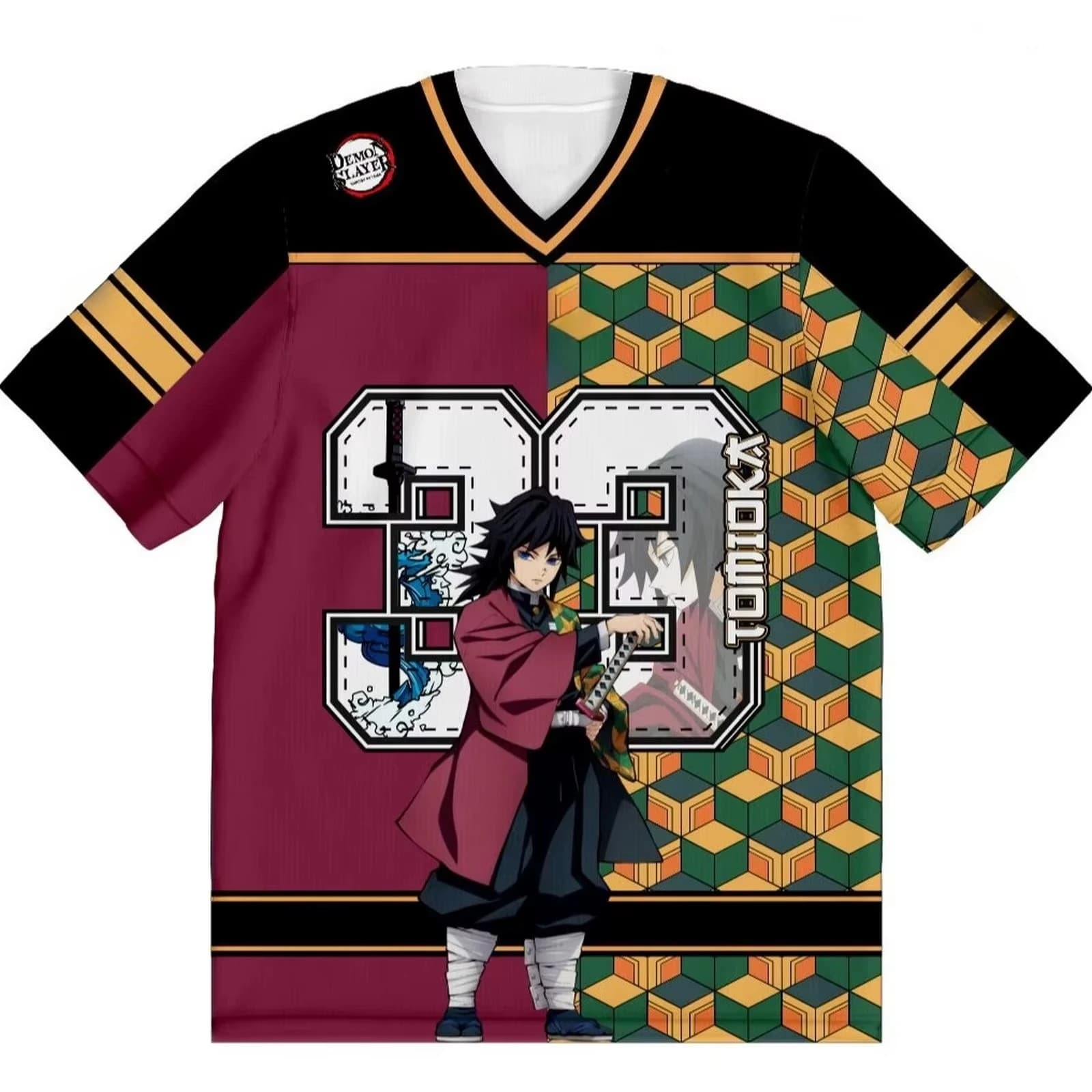 Nuova Maglietta Estiva 2026 Bandai Demon Slayer Tomioka Giyuu con Scollo a V per Bambini e Adulti, Adatta per Uso Quotidiano e Allenamento Y2K