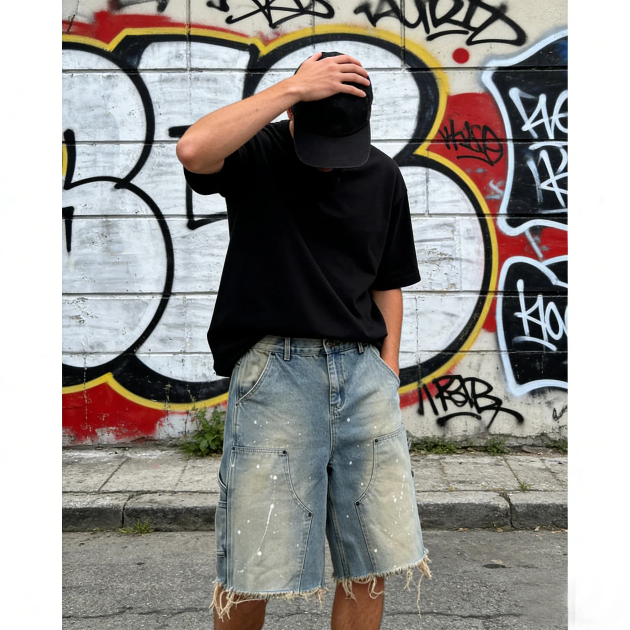 Pantaloncini in denim da uomo estivi, larghi e dritti, con effetto schizzi d'inchiostro e orlo grezzo, traspiranti ed eleganti per l'uso quotidiano all'aperto