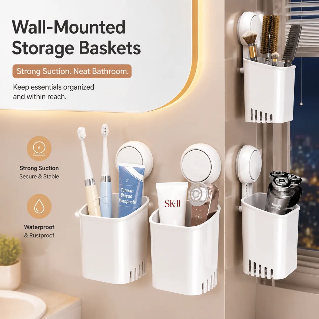 1/2/3 PCS Suction Cup Toothbrush Wall Mounted Holder Toothpaste Mouth Cup Waterproof Holder Bathroom Storage Kitchen Organizer