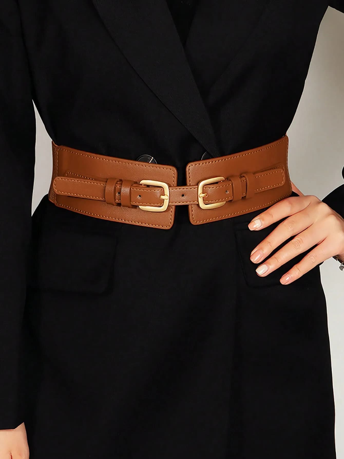 Cintura elastica larga in pelle PU marrone, 1 pezzo, regolabile per abiti e abbigliamento quotidiano