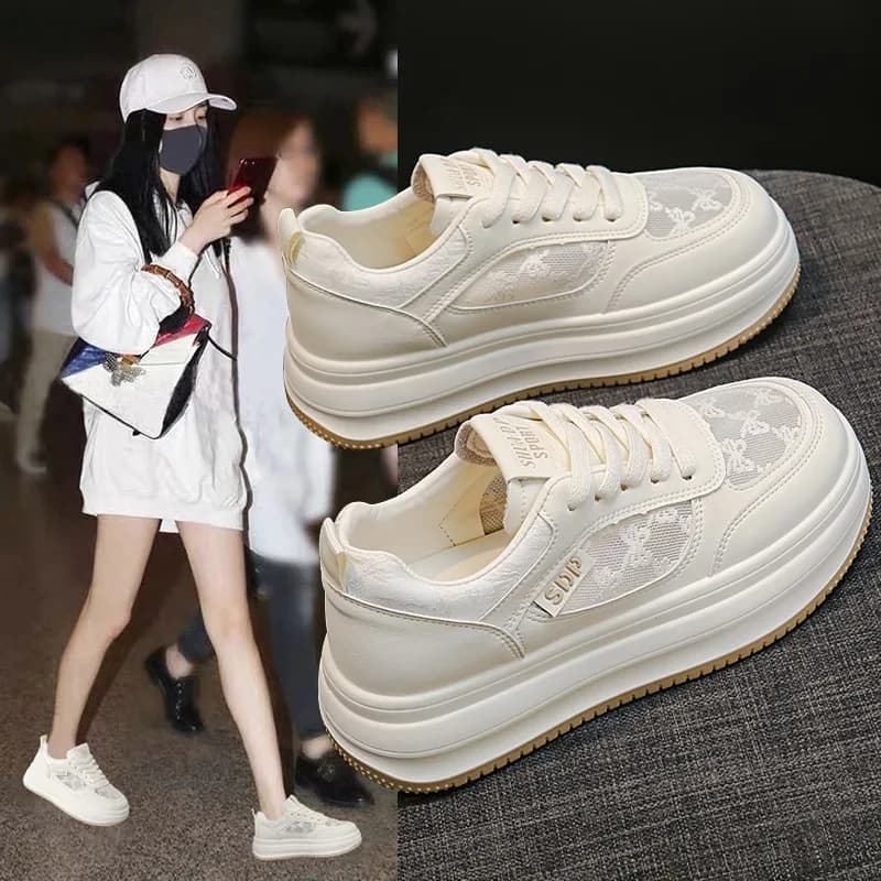 Women's White Lace Mesh Breathable Thick Sole Platform Sneakers, Summer Height Increasing Casual Shoes for Daily Wear