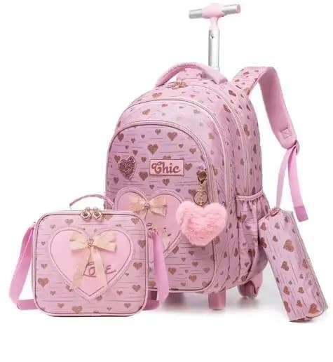 3 pezzi / set Zaino scolastico con rotelle per ragazze Trolley scolastico Zaini per bagagli a rotelle su ruote con astuccio per il pranzo