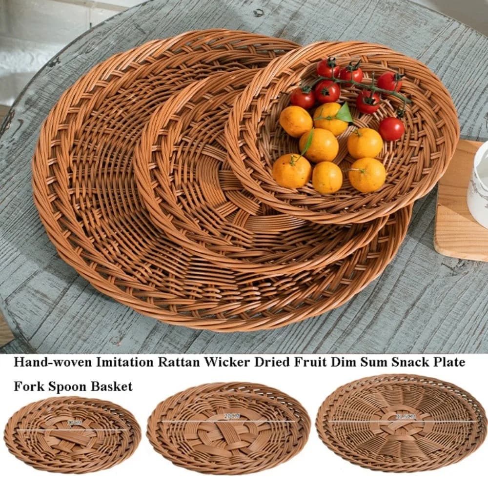 Hardness Rattan Wicker Woven Serving Baskets Plastic Handwoven Dried Fruit Dim Sum Snack Plate 3 Styles