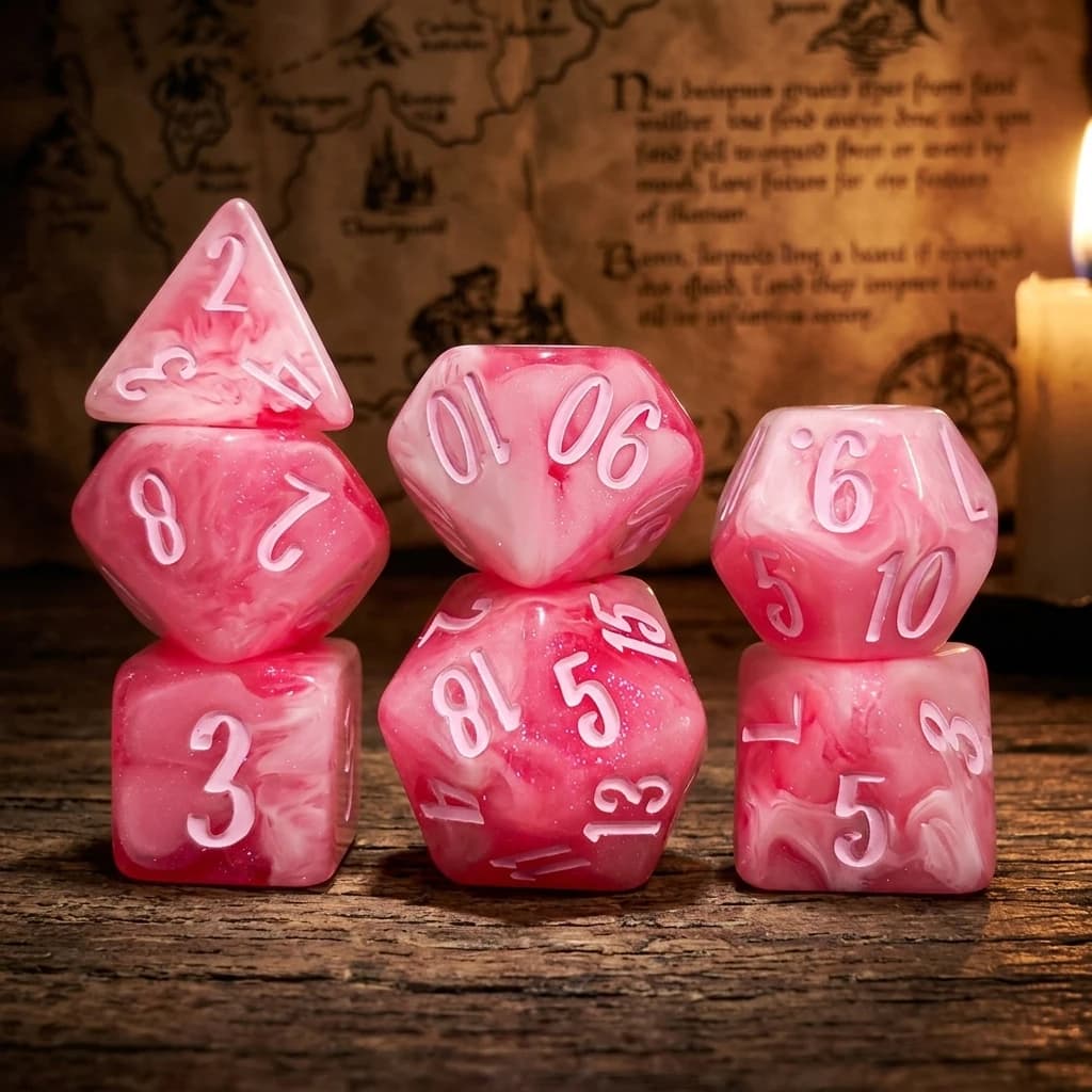 7Pcs Pink Cloud Swirl Glitter Polyhedral DND Dice Set,Resin RPG Dice With Light Pink Ink Number For DND TTRPG Dungeons & Dragons