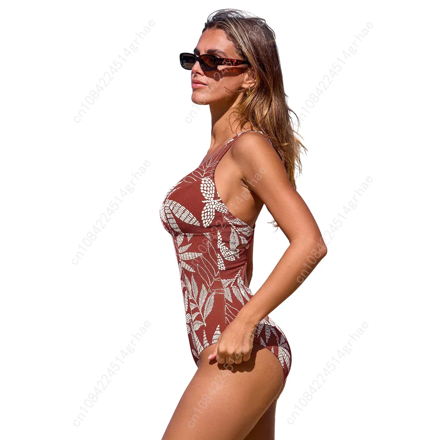Costume da bagno intero da donna con scollo a V profondo, cut-out a goccia e anello a O, in tessuto testurizzato, per l'estate