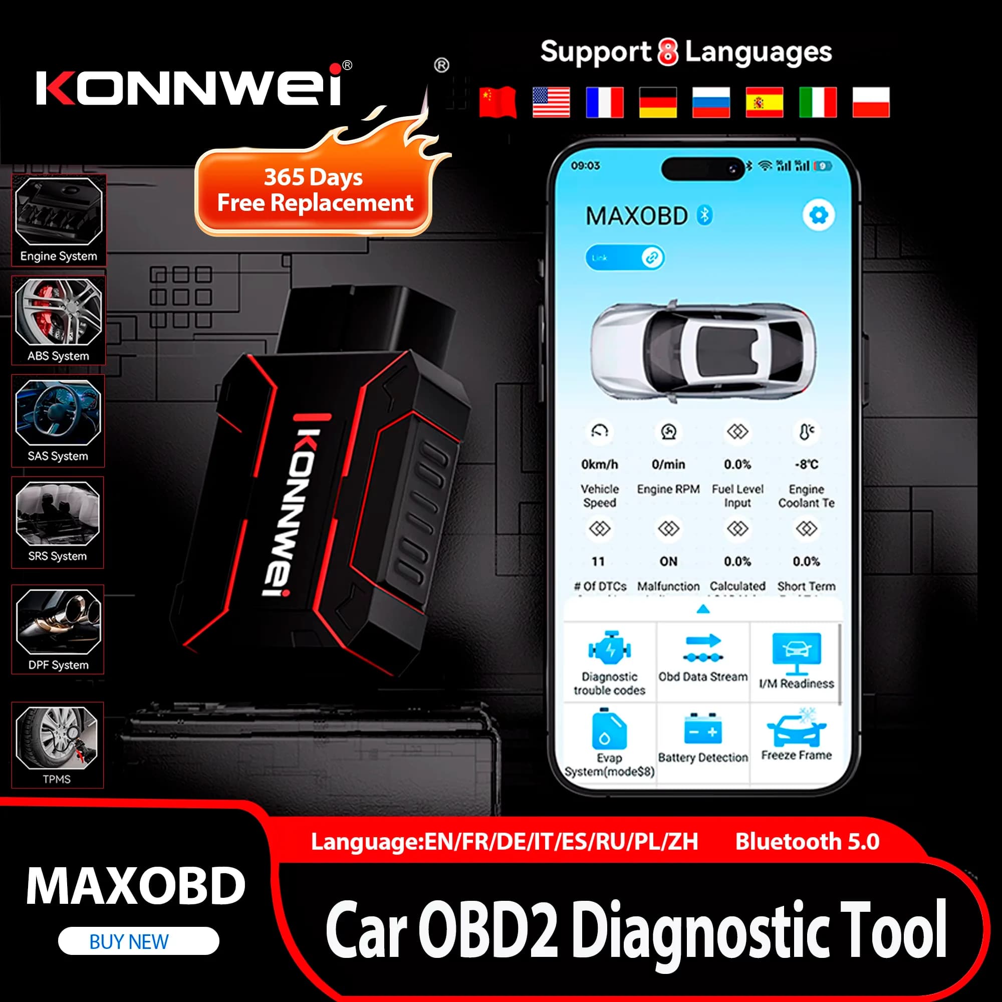 Strumento Diagnostico Auto KONNWEI MAXOBD 2026 OBDII, Diagnostica Completa Sistema SAS SRS ABS, Scansione Profonda, Connessione Bluetooth, Strumento di Scansione OBD2