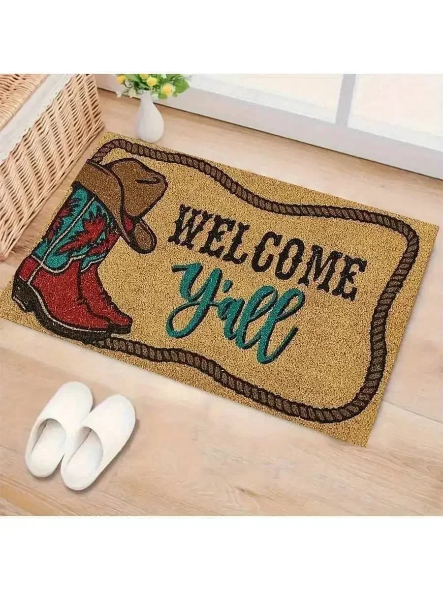 Western Cowboy Boots Welcome Doormat Non-Slip Water Absorbent Coir Mat For Entrance Kitchen Living Room