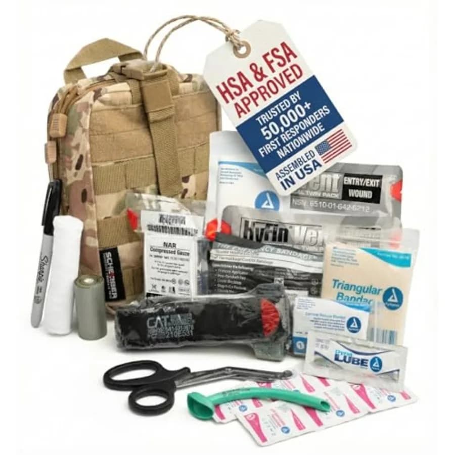 Kit IFAK Premium per Traumi, Completamente Equipaggiato, con Sacchetto MOLLE, Laccio Emostatico CAT, Sigillo Toracico HyFin Vent, Benda Israeliana per Emergenze e Situazioni di Emergenza con Armi