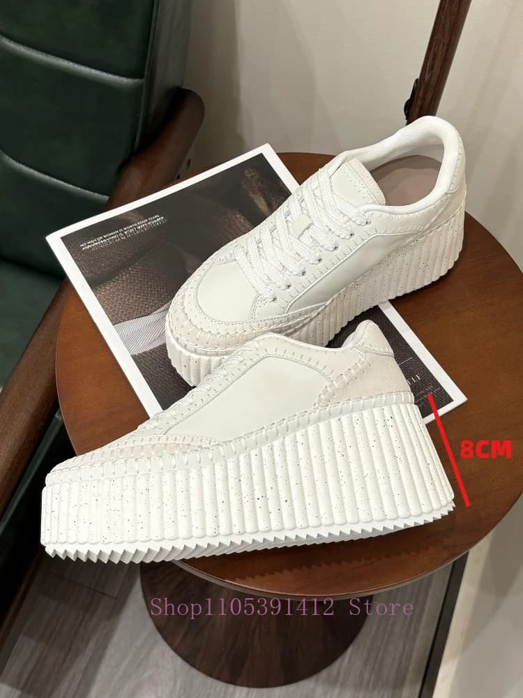 Nuove Scarpe Bianche con Suola Spessa 8CM, Sneakers con Plateau per Aumentare l'Altezza, in Vera Pelle Traspirante, Scarpe Casual alla Moda