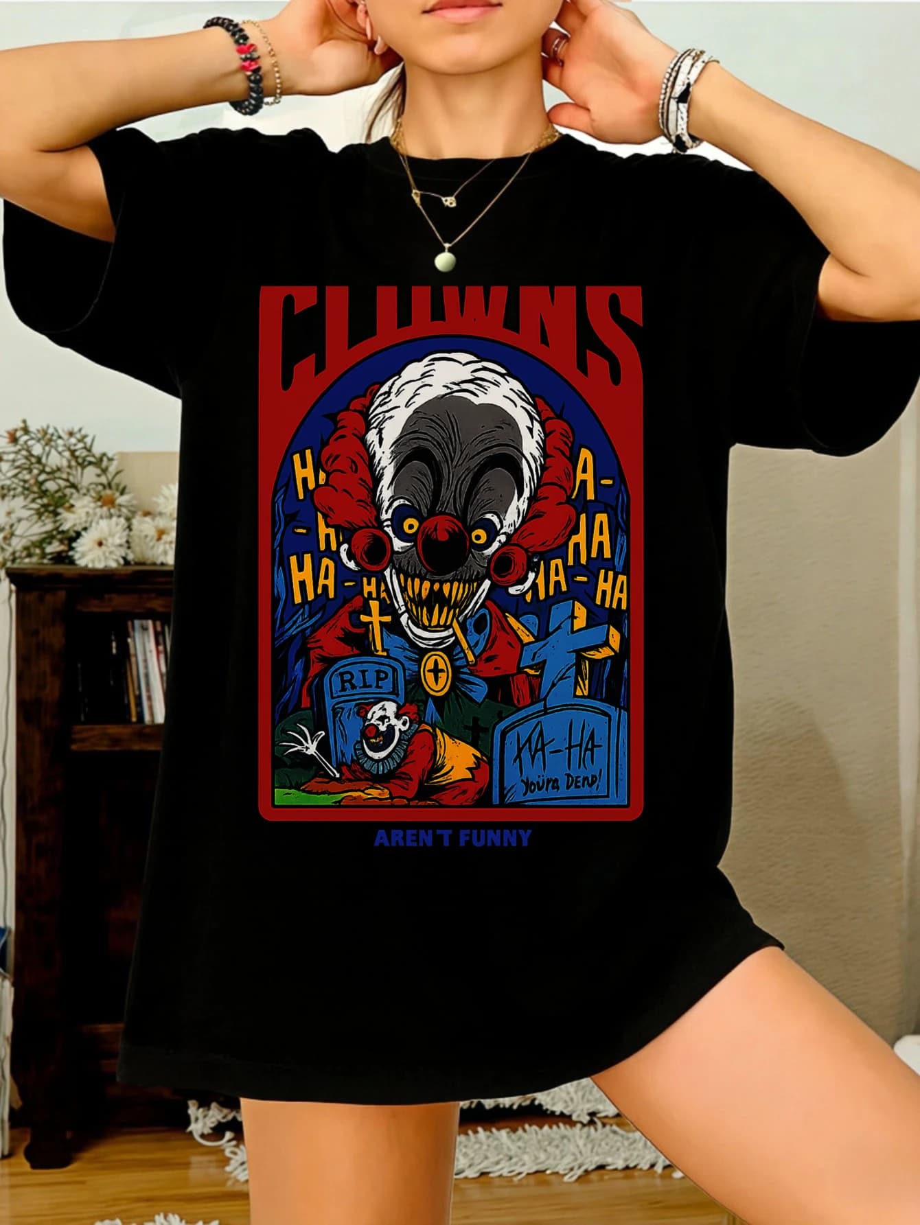 T-shirt da donna a maniche corte con stampa divertente di clown, in cotone, oversize, casual, estiva, idea regalo per lei