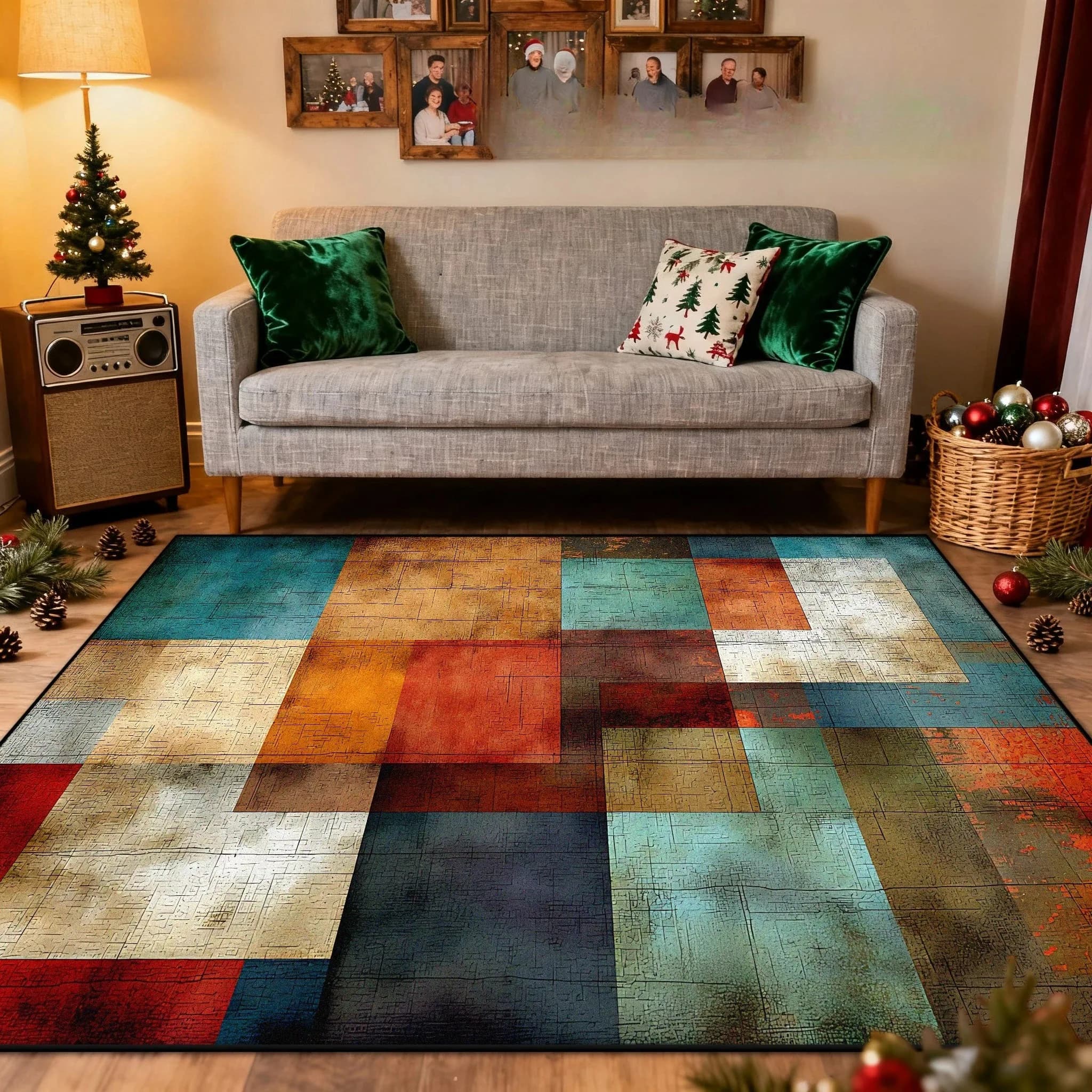 Tappeto Vintage Astratto a Blocchi, Antiscivolo per Soggiorno, Camera da Letto, Stanza dei Bambini, Lavabile, Alfombra, Tappeti per la Casa, Regalo