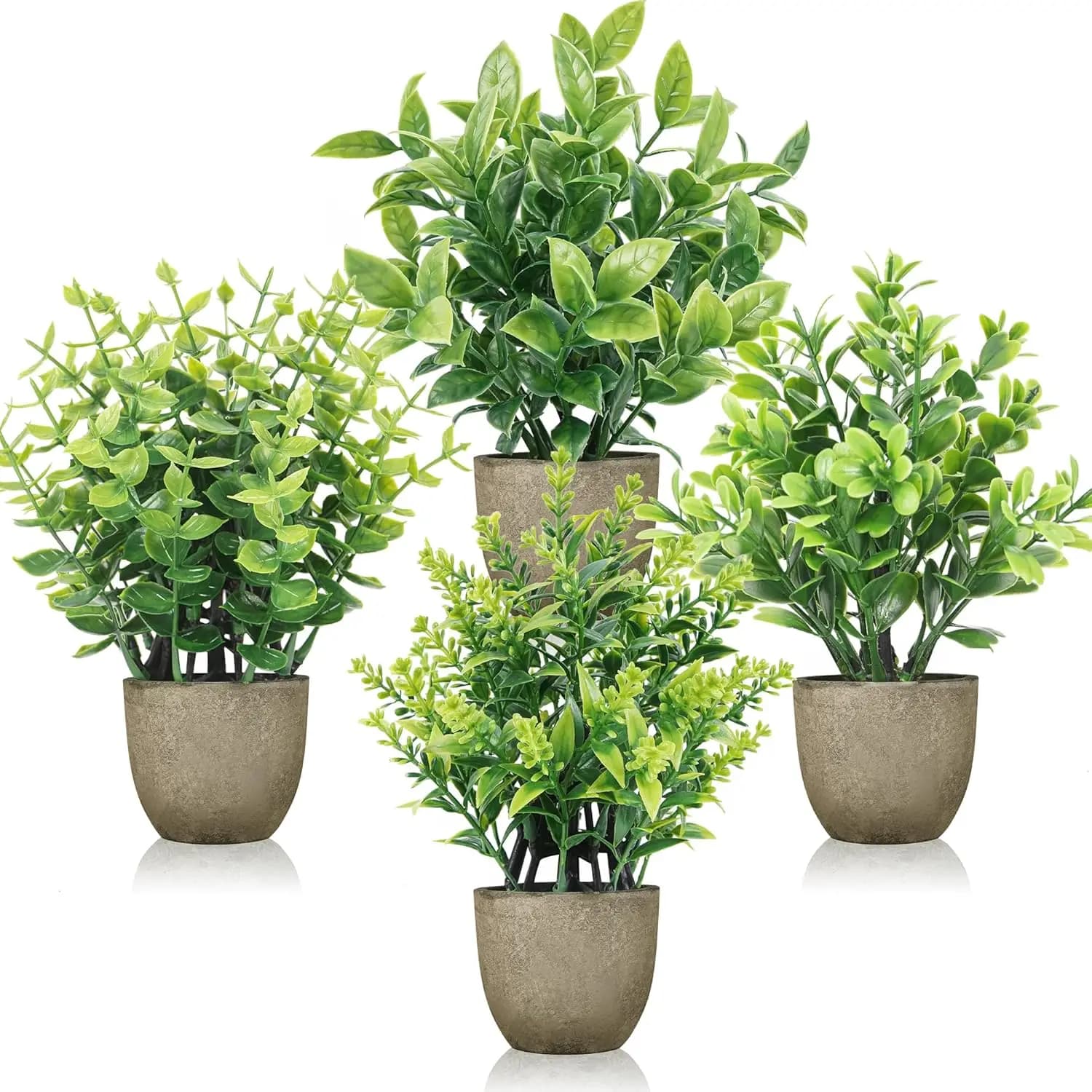 Set of 4 Mini Artificial Plants in Der Rose Vase, Mixed Fin Plants for Bathroom Decoration, Shelves and Benches