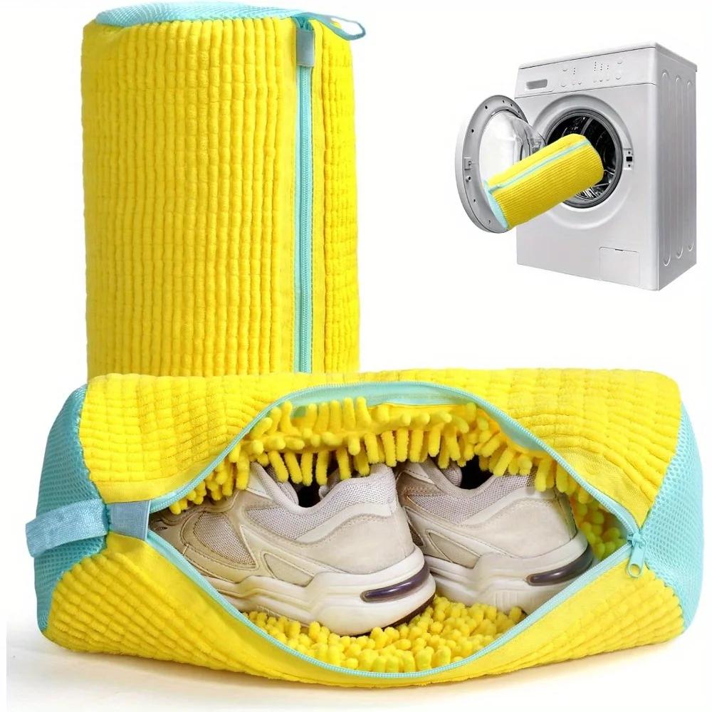 Durable shoe washing machine bag for all types of shoes, yellow with blue zipper, ideal for sneakers and casual shoes, linen washing bag