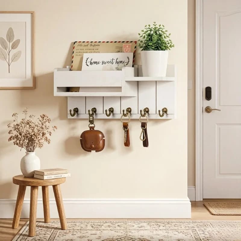 Portachiavi da Parete in Legno Rustico con Mensola, Portachiavi Decorativo e Organizzatore Posta con 6 Ganci per Ingresso e Soggiorno