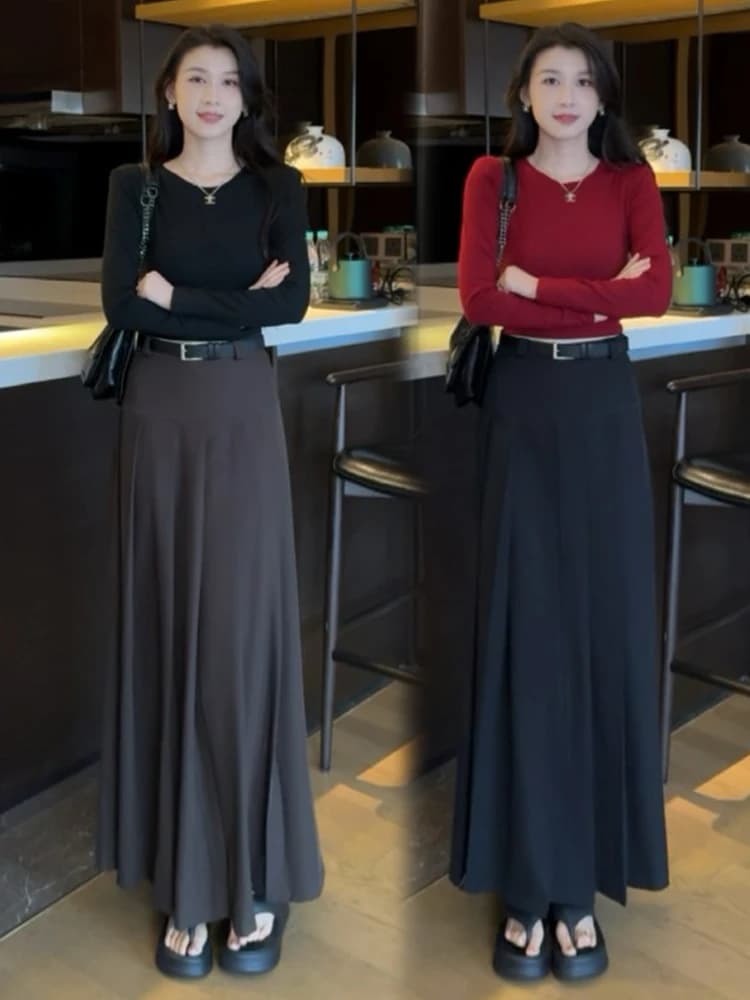 Completo due pezzi da donna Ele per autunno/inverno: camicetta slim fit con spalle scoperte e gonna midi con pieghe e orlo ampio