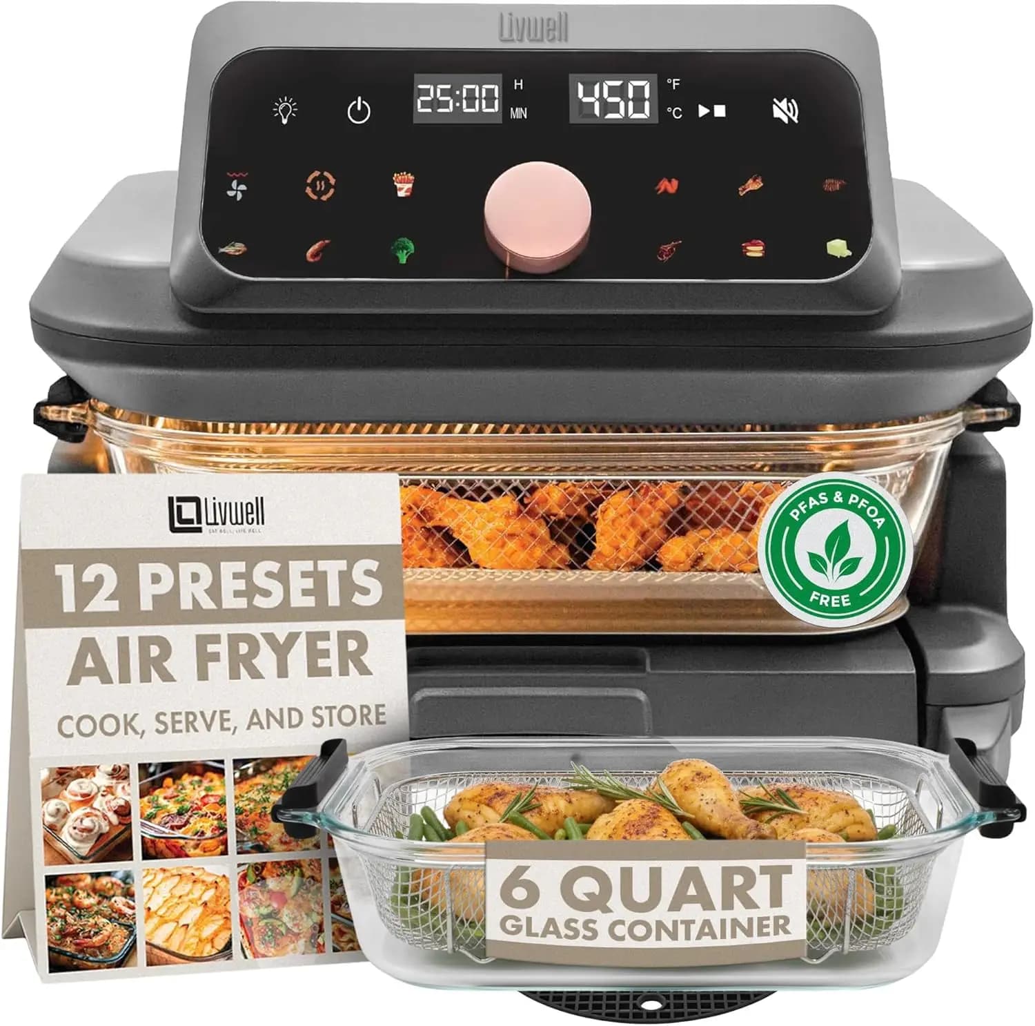 6-Quart Glass Air Fryer with LED Touchscreen and Pull-Out Drawer, 12 Presets, PFOA and PFAS Free, Includes Dishwasher-Safe Casse