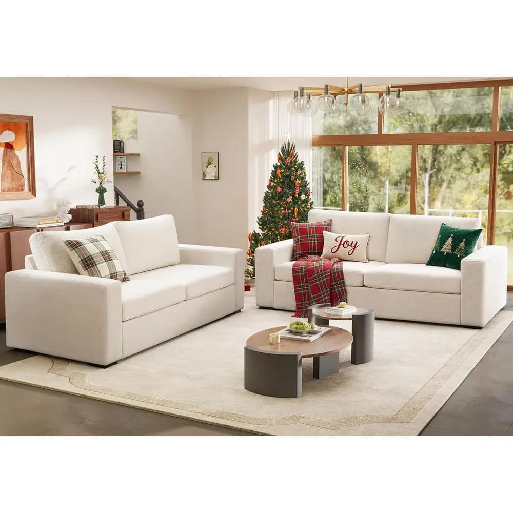 Divano a 3 Posti in Lino Naturale con Seduta Profonda, Cuscini Imbottiti e Rivestimenti Rimovibili, Ideale per Piccoli Spazi, Beige (2 Pezzi)