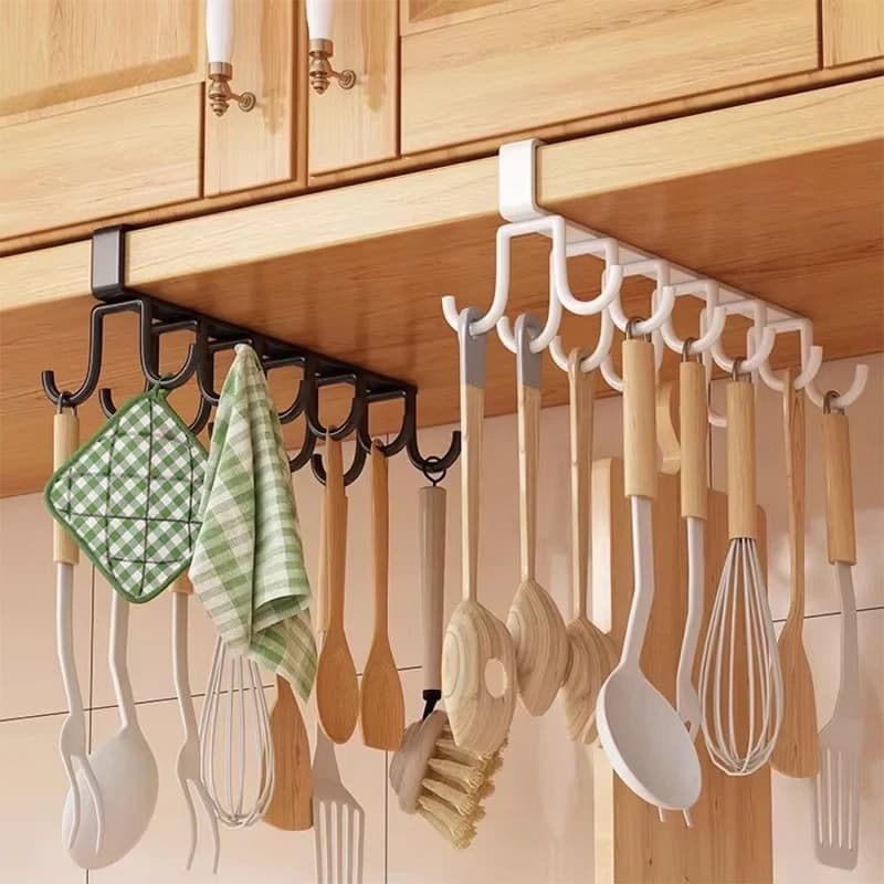 Kitchen Cabinet Organizer Double-row Hooks Iron Hanging Rack Holder Punch-free Kitchen Cupboard Under Shelf Mug Cup Hanger Hook
