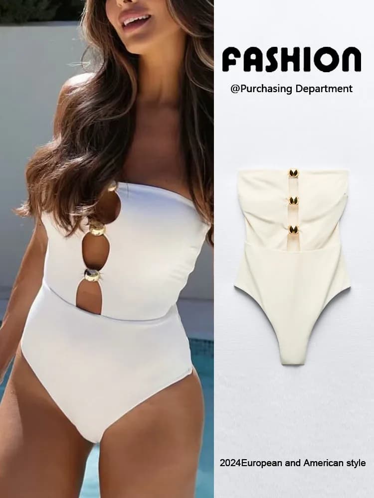 New Summer Women's Slim Fit One Shoulder Metal Embellished Wrap Swimwear High Waist Short Pants Other Fabric Ladies Swimsuit