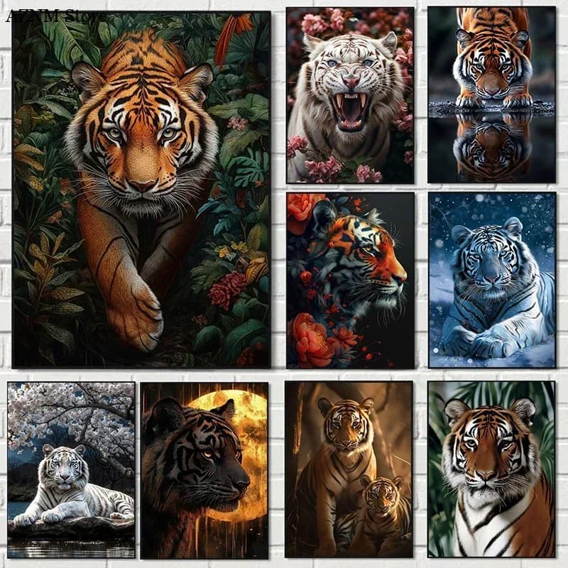 Tropical Plants Flowers Forest The King Tiger Animal Minimalist Aesthetics Canvas Painting for Living Room Modern Home Decor
