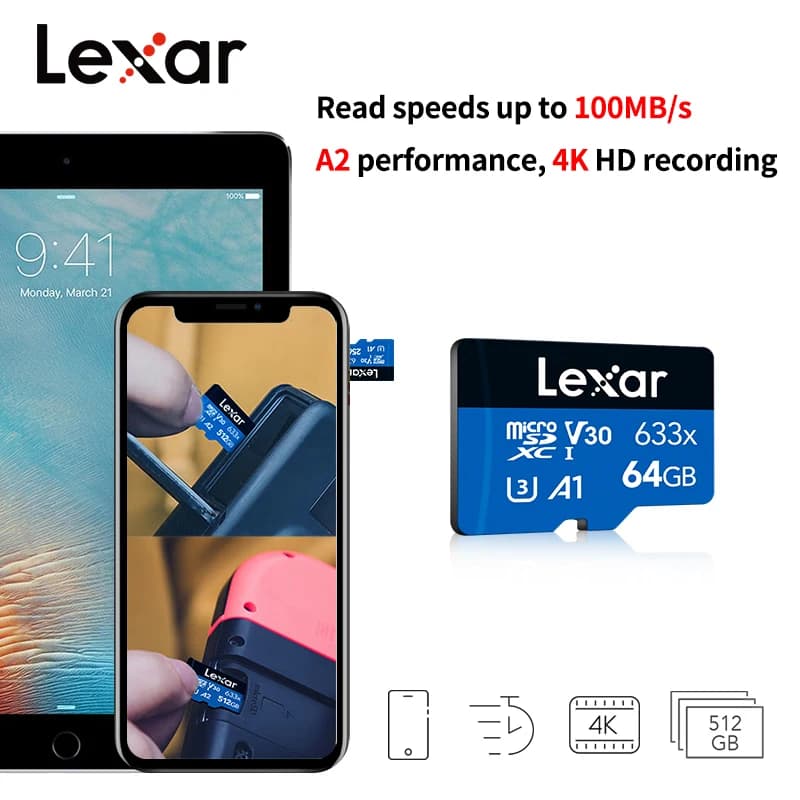 Scheda Micro SD Lexar 633x Scheda di memoria da 32 GB 64 GB 128 GB 512 GB 256 GB Fino a 100 MB/s Lettura A2/A1 microSDHC/microSDXC Scheda TF per telefono