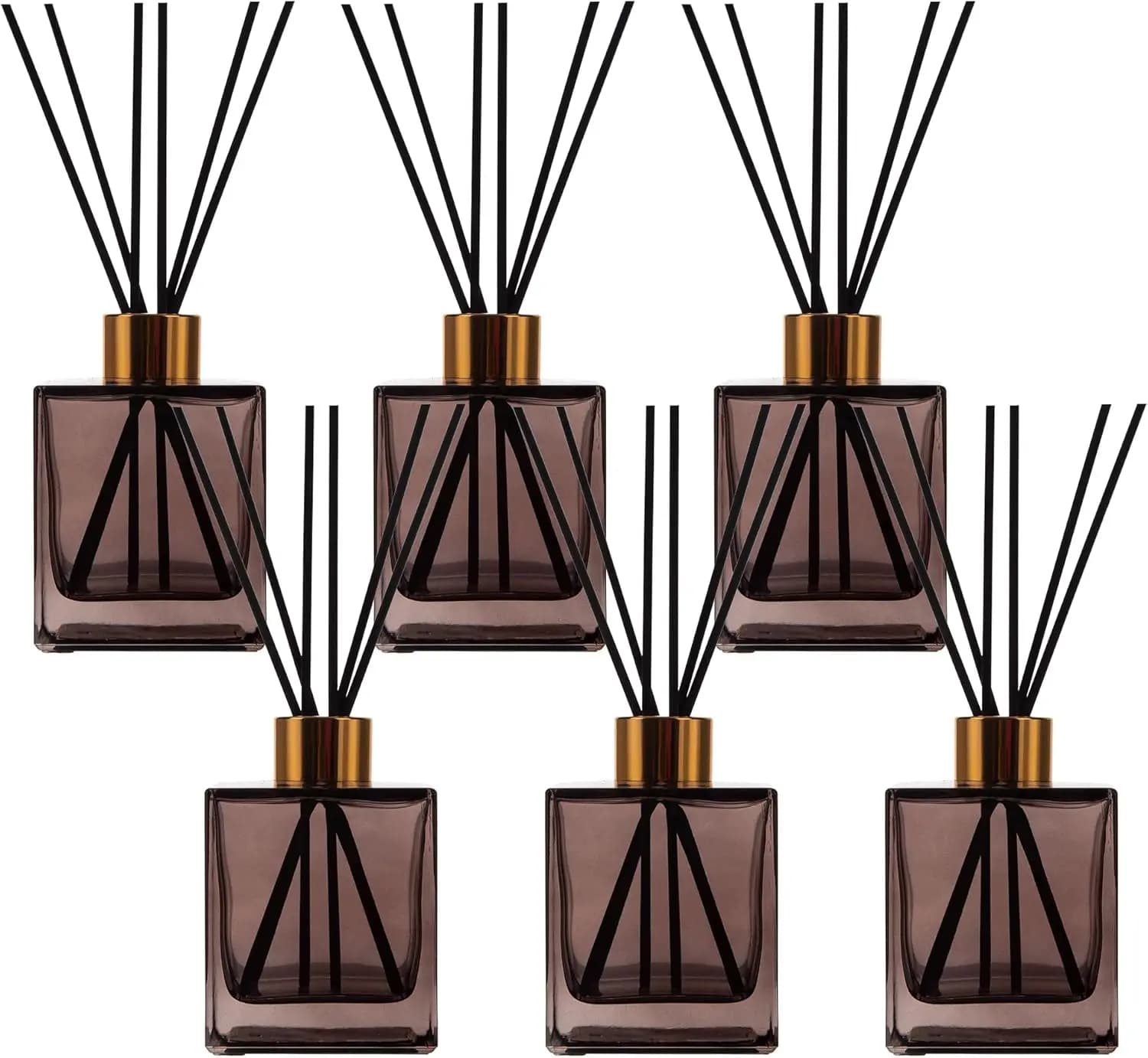 Set di 6 Bottiglie in Vetro Marrone Quadrate per Diffusore di Fragranze con Tappi Dorati e Bastoncini Neri, 200ml per Profumazioni Fai-da-Te