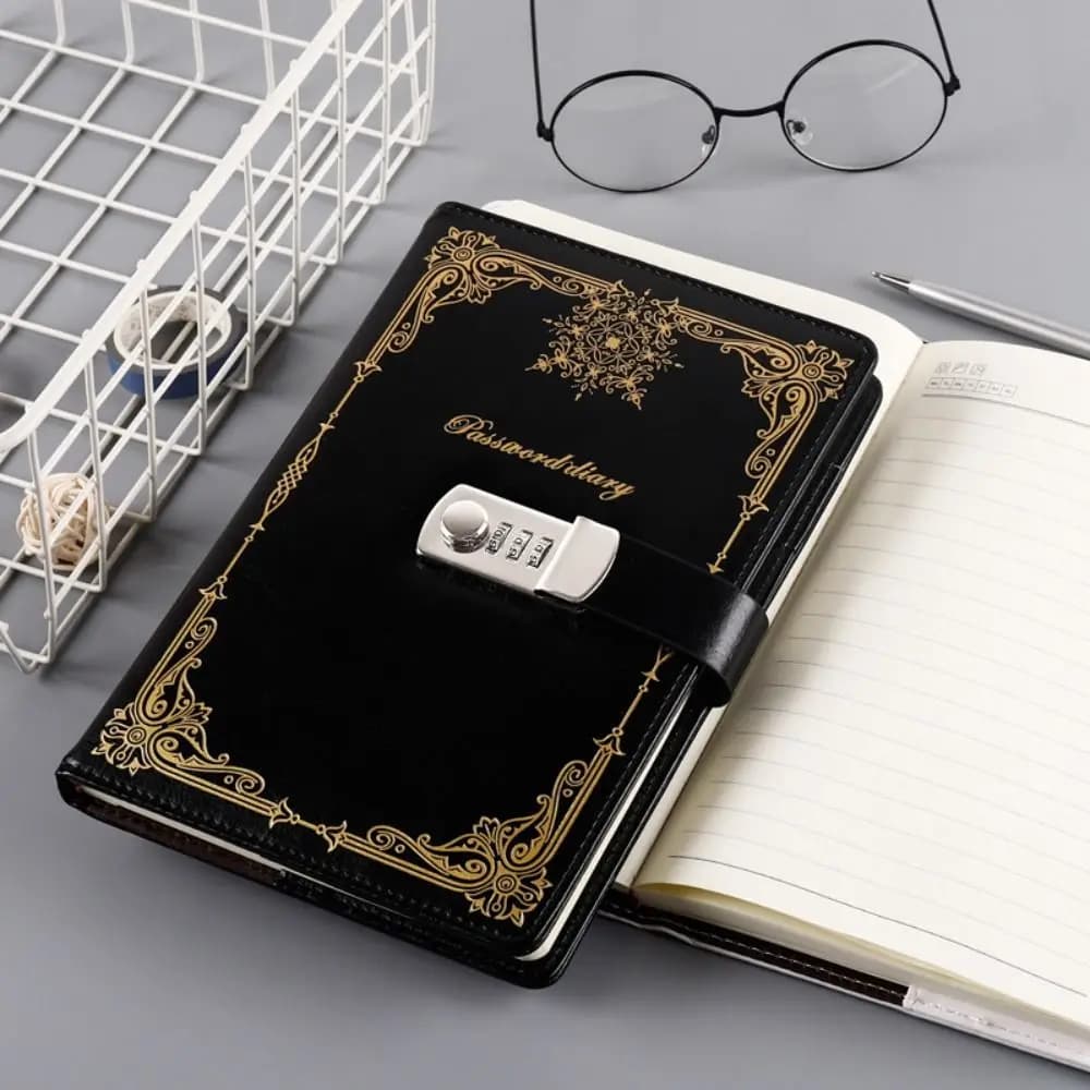 Vintage PU Leather Journal Notebook With Lock Hard Cover Line Paper Personal Notebook Retro A5 100Sheets Diary Writing Pads Gift
