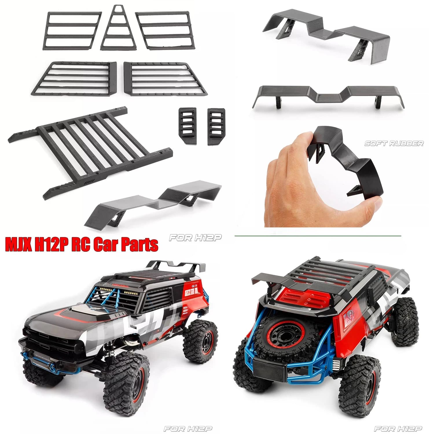 Parti per Auto RC MJX H12P: Portapacchi, Alettone Posteriore, Parabrezza Anteriore, Finestrini Laterali, Griglia Rinforzata, Copertura Fanali Posteriori