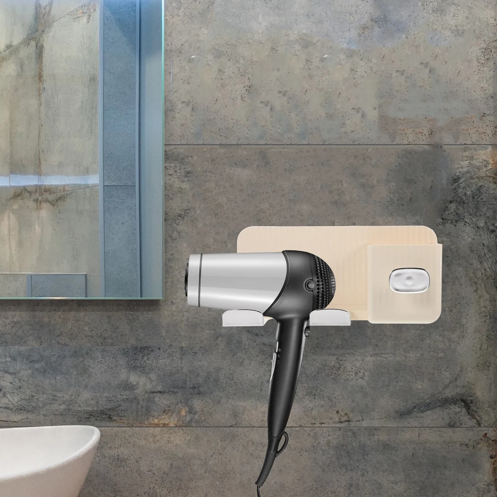 Hair Dryer Wall Rack Punch-Free Multi-Functional Bathroom Organizer Large Capacity Hairdryer Holder Wall Mounted Storage Shelf
