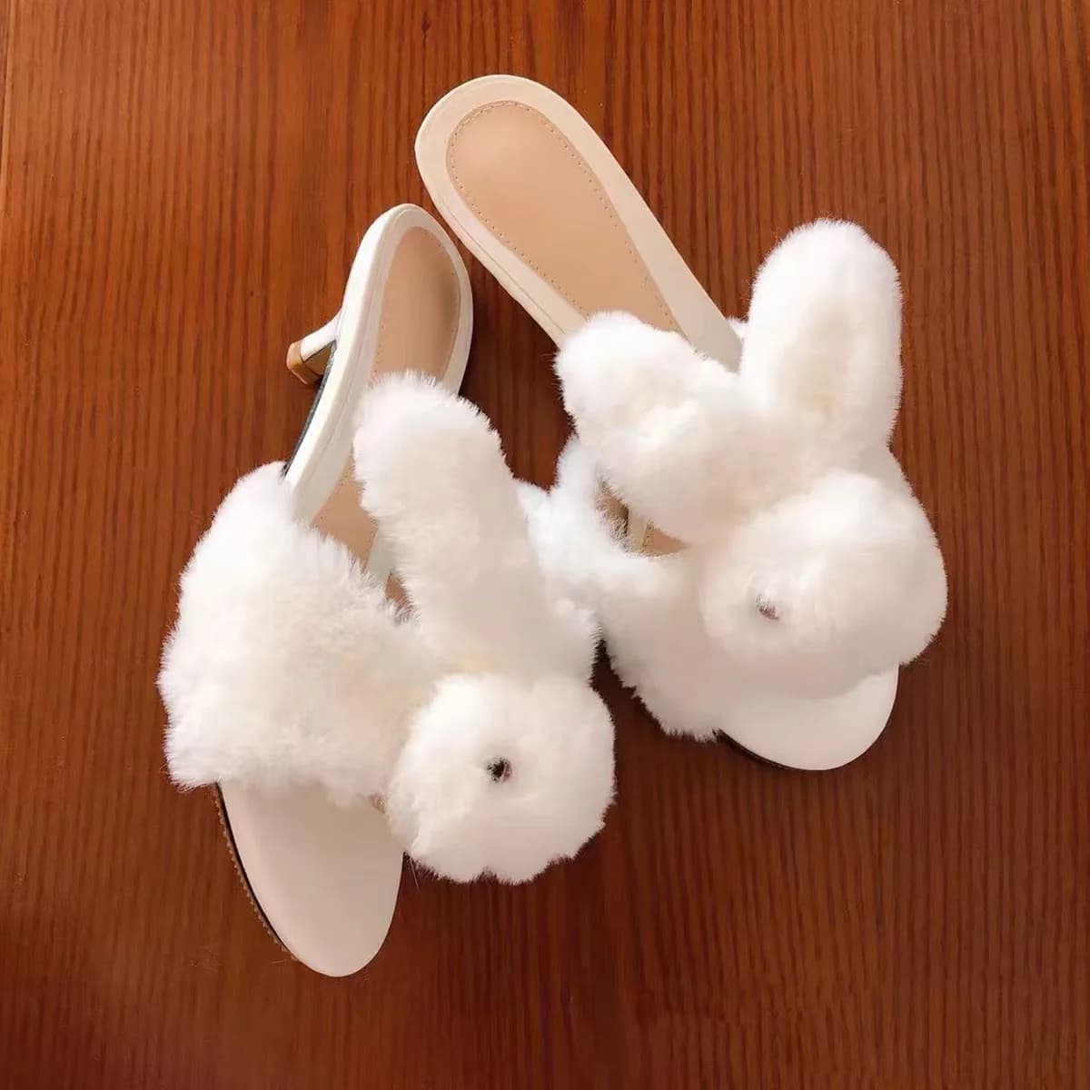 Women White Faux Fur Rabbit Doll Decor Mule Sandals Open Toe Kitten Heel Slip On Cute Sweet Daily Summer Casual Kawaii Slippers