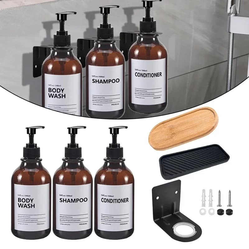 Dispenser di sapone da 500 ml Marrone a parete Shampoo Gel doccia Lozione Bottiglia vuota riutilizzabile con etichetta Vassoio Accessori da cucina