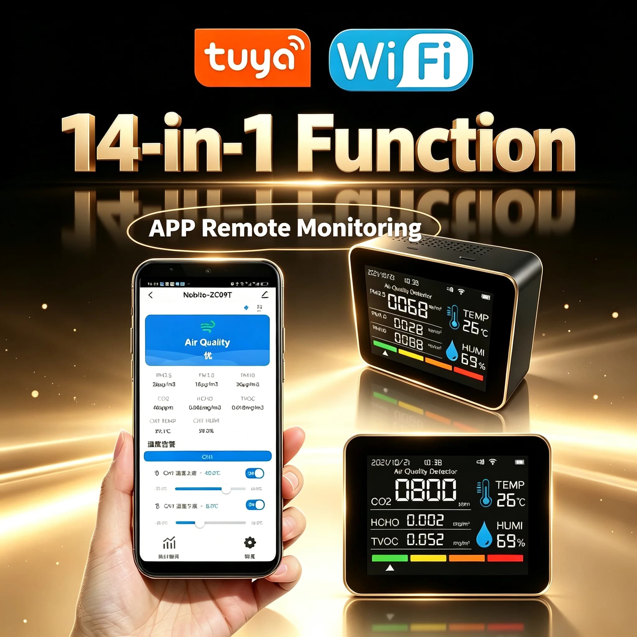 14-In-1 Air Quality Detector Tuya Smart WIFI APP，CO2，PM2.5，HCHO，humidity，Temperature，time，date
