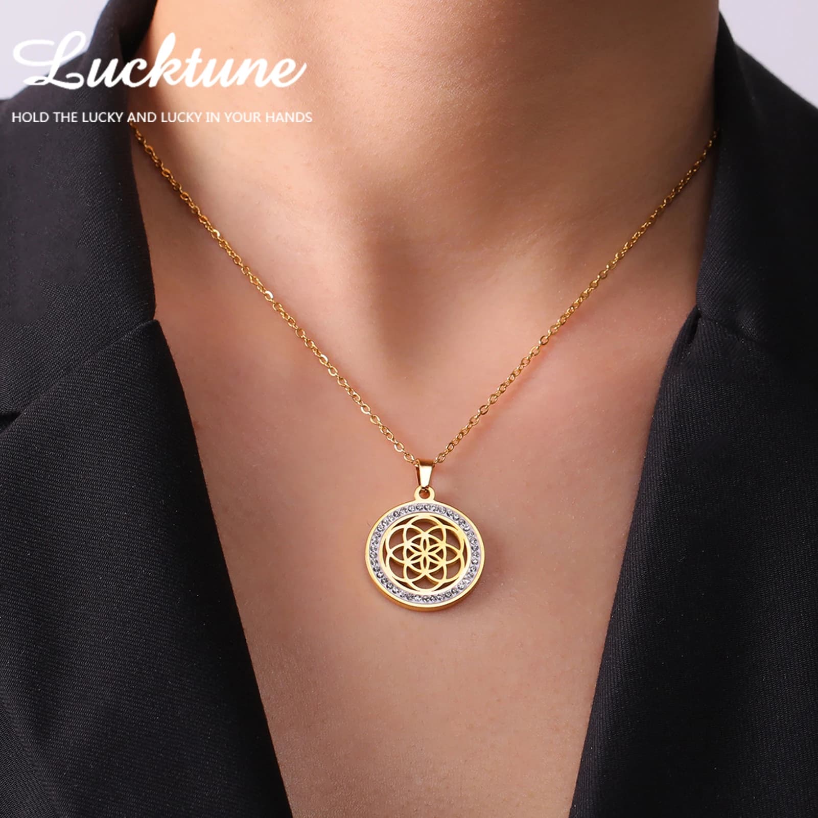 Necklace with flower pendant Life Seed Lucktune Necklace with round zircone pendant in stainless steel for women's jewelry with spiritual amulet