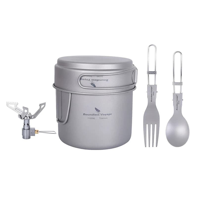 Boundless Voyage Titanium Kitchen Set with Spoon Fork and Folding Cooker Set of camping pots for outdoor travel Titanium pot