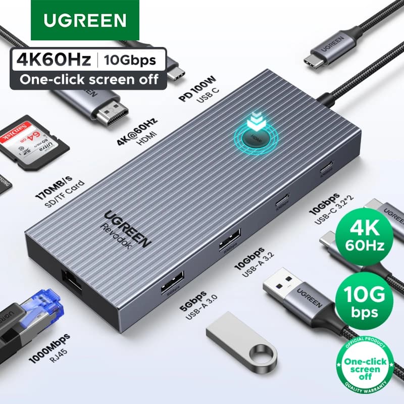 UGREEN USB HUB 9-in-1 4K60Hz HDMI PD100W RJ45 SD/TF USB3.2 Gen2 10Gbps for Dell MacBook Laptop Accessories HP Splitter Docking