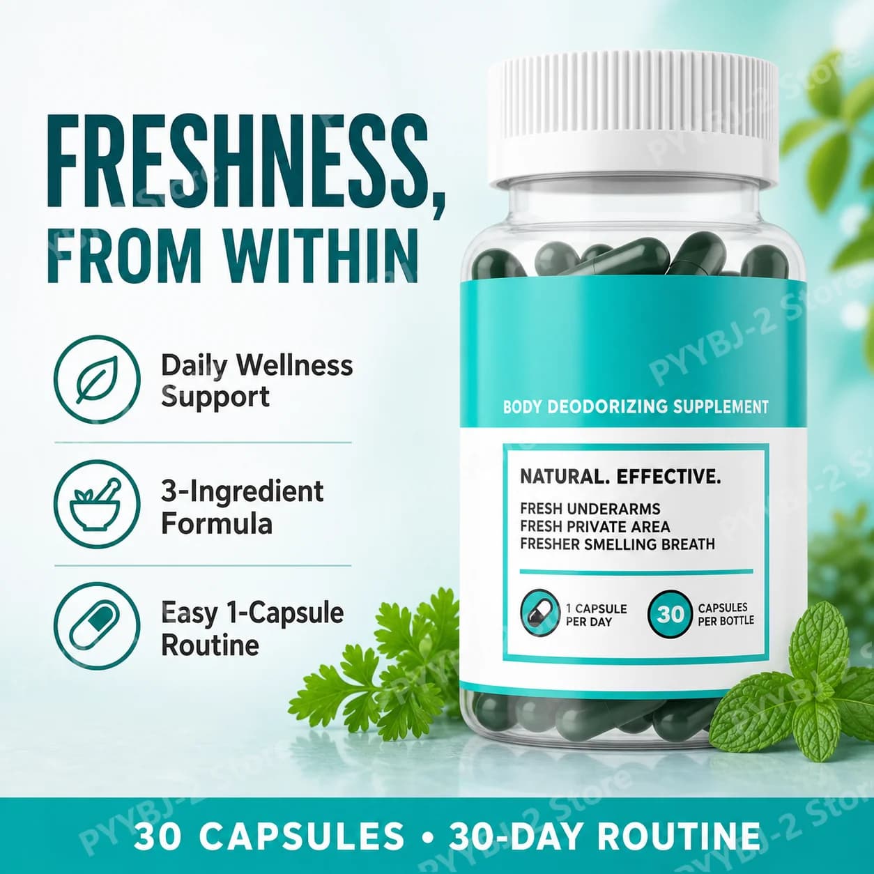 Plant-Based Chlorophyll Capsules, BODY DEODORIZING SUPPLEMENT Sodium Copper Chlorophyllin Parsley & Peppermint 30 Vegan Capsules