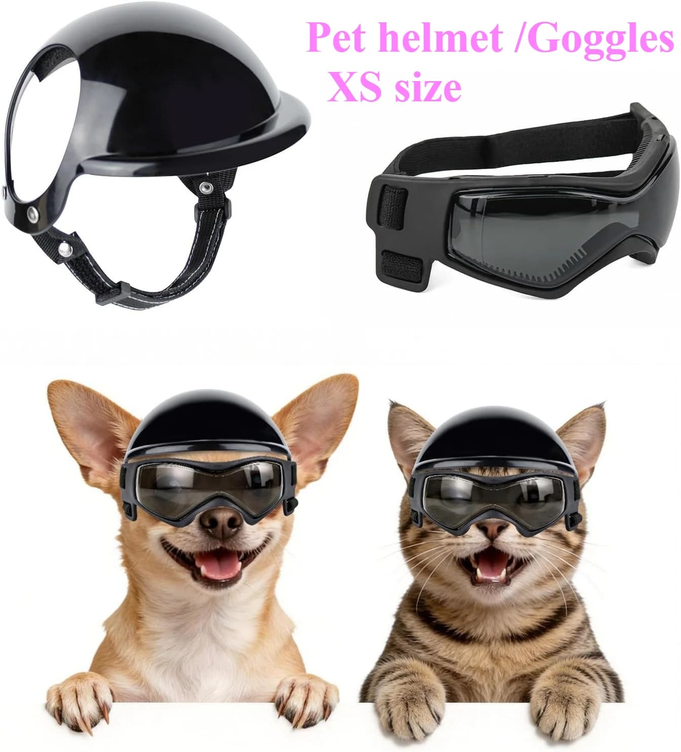 Dog Helmet and Dog Goggles Set Pet Safety Hat with Ear Holes Anti-UV Pet Sunglasses Head & Eyes Protection for Puppy Adult Cats