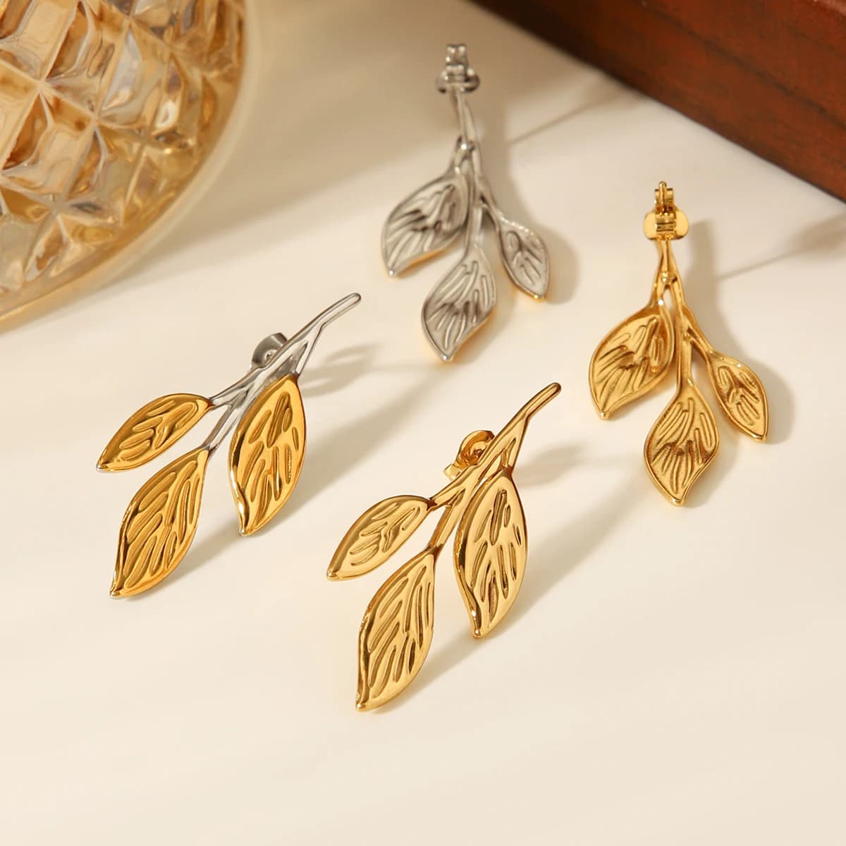 Two Tone Leaf Drop Earrings Gold Silver Color Stainless Steel Boho Women Waterproof Tarnish Free Hypoallergenic Party Wear