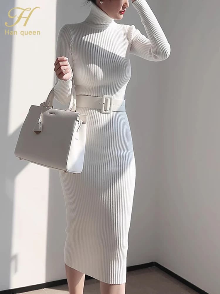 H Han Queen sweater turtleneck knitted dress that touches the bottom women soft elastic autumn winter party dresses midi with belt