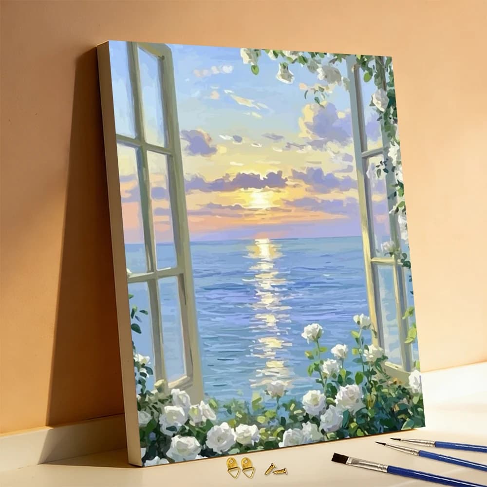 Huacan DIY Painting By Numbers Window Sea Digital Oil Painting White Rose Flower Paint By Number Scenery Landscape Home Decor
