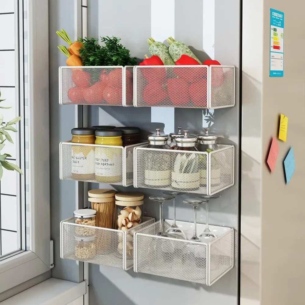 High Quality Metal Magnetic Basket Organizer Holder Space Saving Large Capacity Refrigerator Shelf Household Storage Rack