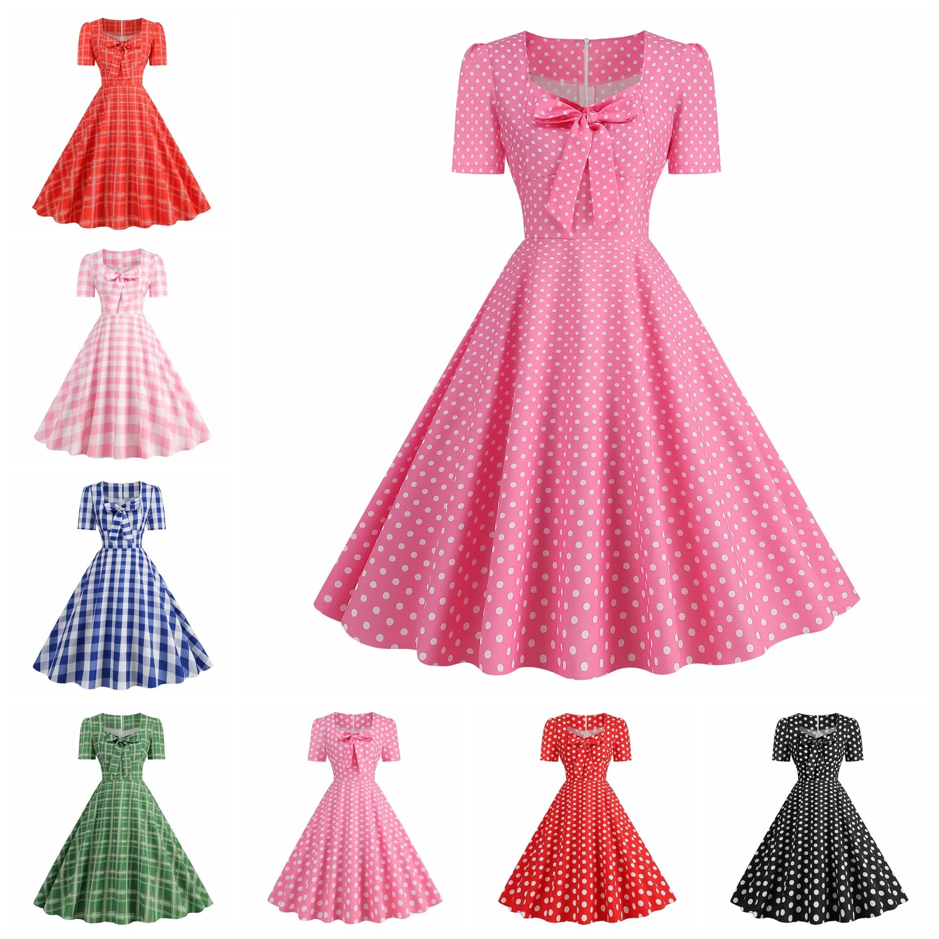 Abito da donna stile Hepburn con scollo quadrato, maniche corte, pois e fiocco, gonna midi ampia in cotone 100% Clean Fit