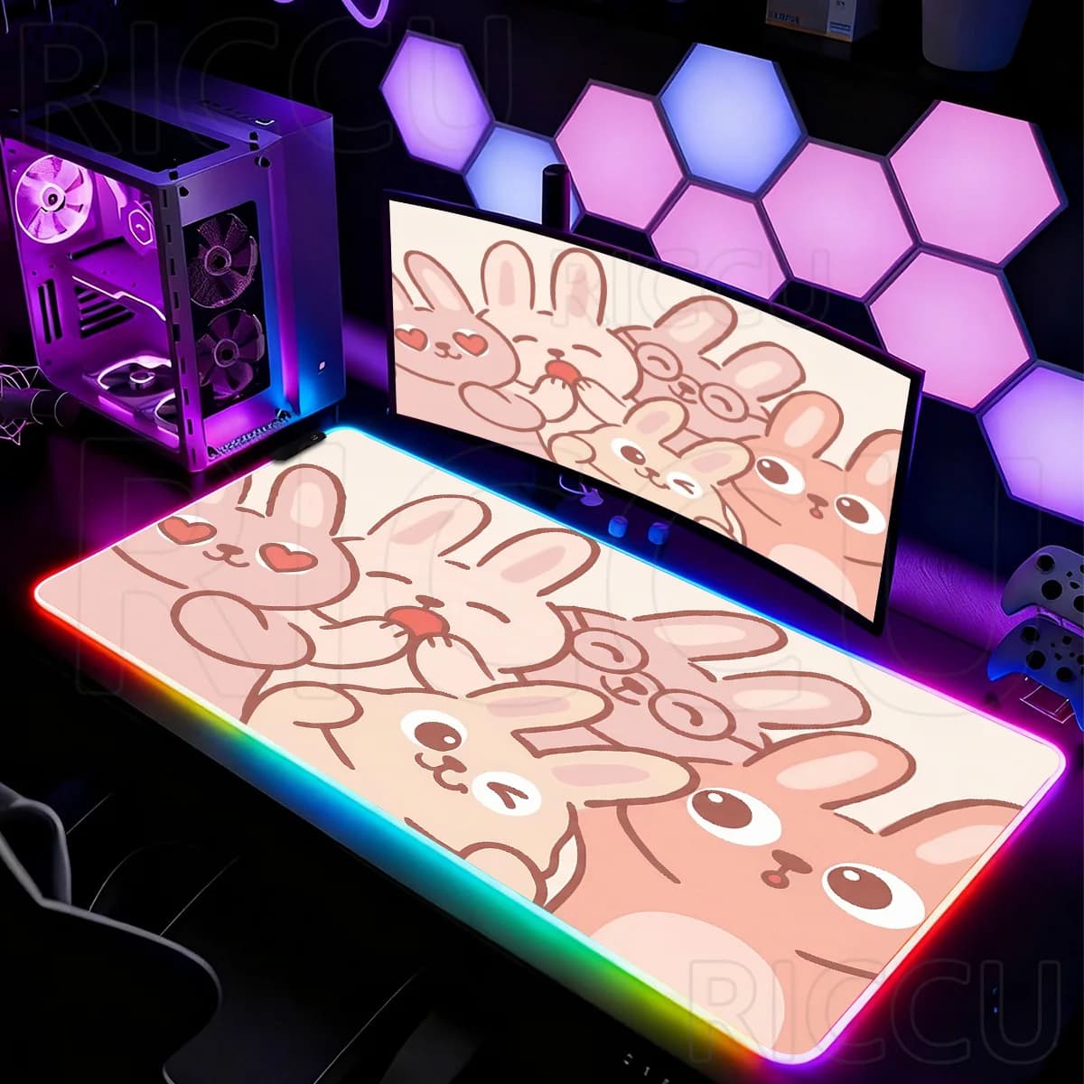 Tappetino per Mouse XXL RGB HD Kawaii a Forma di Coniglio, Grande Mousepad per Gamer, Tappetino da Scrivania, Accessori per PC Gaming, Tappeto Anime LED per Ufficio