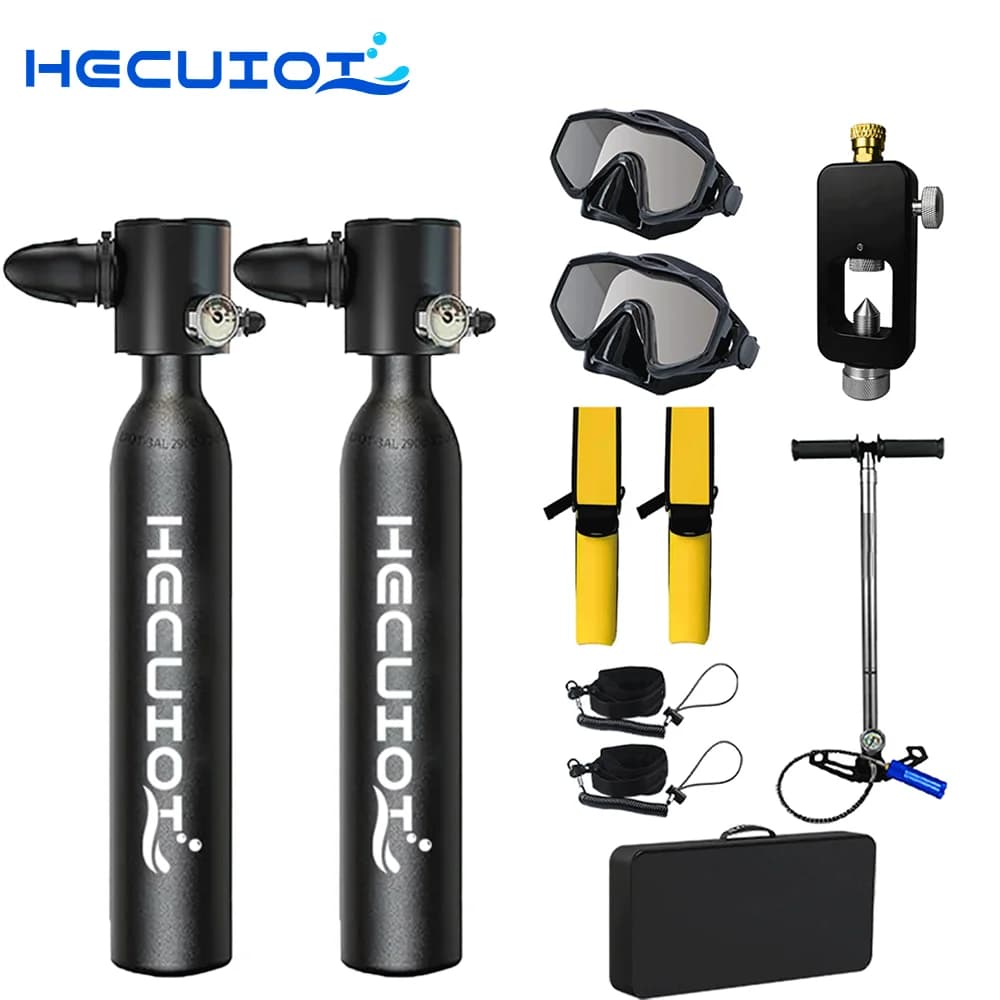 HECUIOI Mini Scuba Tank Diving Equipment 0.5L Outdoor Oxygen Scuba Diving Tank 5-10 minutes Snorkeling Cylinder Set Hand Pump