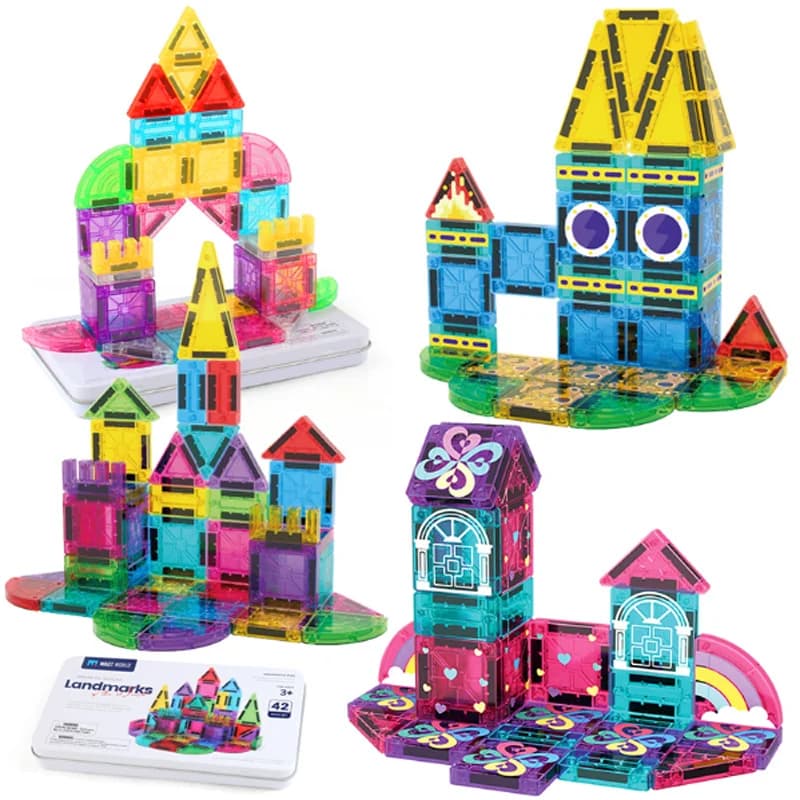 42 Pezzi Mini Piastrelle Magnetiche da Viaggio, Giocattoli Costruzioni Magnetiche con Scatola Contenitore, Blocchi Magnetici Giocattolo per Bambini
